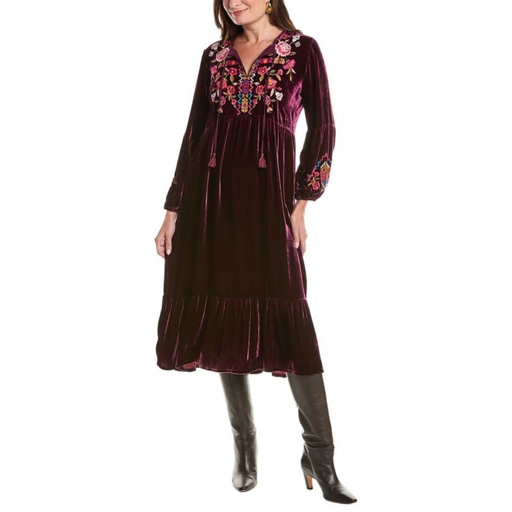 Johnny Was Womens Velvet Bishop Sleeve Silk-Blend Maxi Dress, Purple